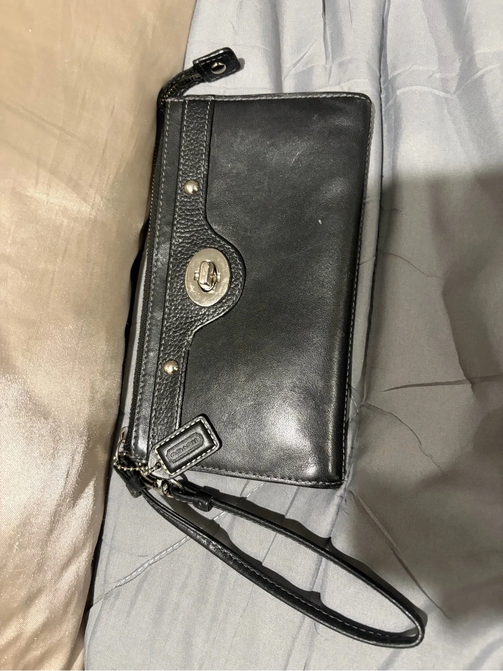 Coach Black Leather Wristlet Clutch with Turn-Lock